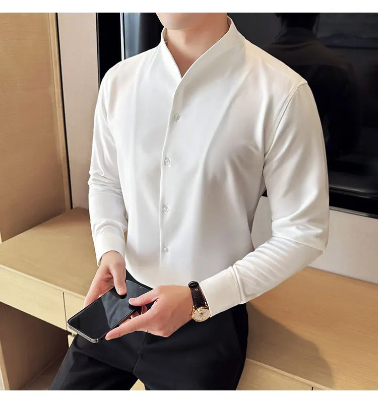 Brand Clothing Men's High Quality V-neck Long Sleeve Shirts Male Slim Fit Fashion Solid Color Office Dress Shirt 4XL-M