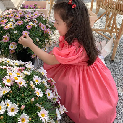 Girls' Dress Flower Solid Color Square Neck Puff Sleeve Dress Sweet Princess Dress 2023 Summer New Fashion Children's Clothing