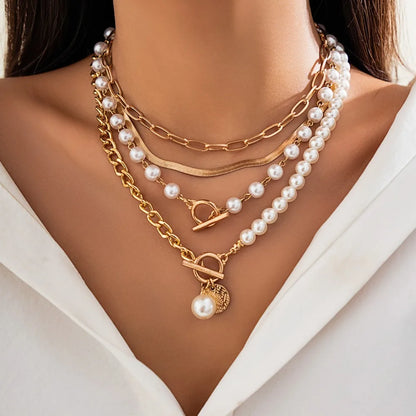 Multilayer Imitation Pearl OT Buckle Pendant Necklace Women Wed Bridal Goth Bead Chain Y2K Accessories Neck Jewelry Decoration