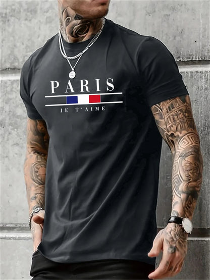 Men's 100% pure cotton summer loose size PARIS letter pattern print casual comfortable round neck short sleeved T-shirt top