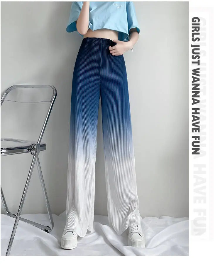 2022 Summer New Gradient Color Ice Silk Wide Leg Pants High Waist Thin Loose Straight Casual Trousers Comfortable Women Clothing