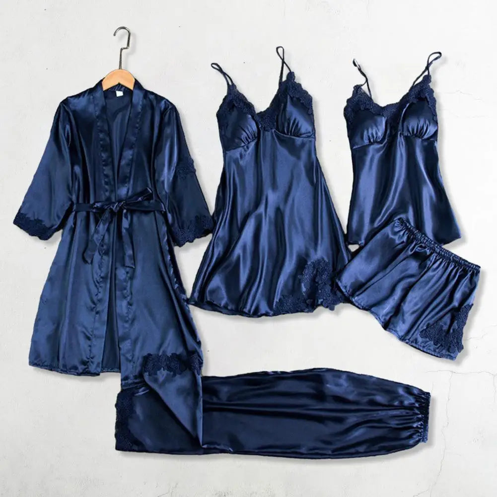 Silk Pajama Set Elegant Satin Lace Patchwork Women's Pajamas Set with Lace-up Waist 5 Piece Nightgown Top Shorts for Comfortable