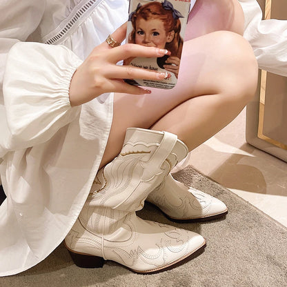 Autumn New Retro Embroidered Knight Boots Pointed Toe Thick Heel Mid-Tube Color Matching Fashion Luxury Western Cowboy Boots Q65