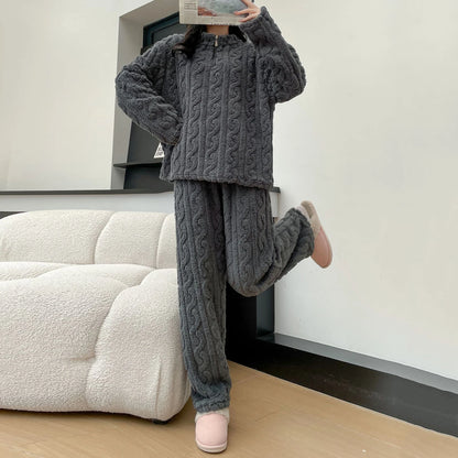 1 Set Winter Women Pajamas Warm Plush 2-Piece Sleepwear Set Stylish Solid Color Elastic High Waist Pullover Pajama Suit