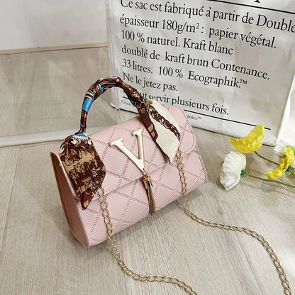 New Fashion Niche Square Patterned Embossed Silk Scarf Decoration V-pattern Tassel Lock Chain Single Shoulder Small Square Bag