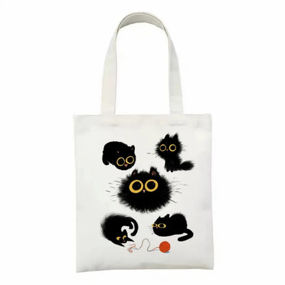 Cute Tote Bag Animals Black Cat Print Canvas Bag Eco Shopping Bag Daily Use Foldable Handbag Large Capacity Canvas Tote Women