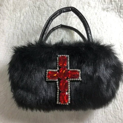 Xiuya Y2k Gothic Handbag Soft Plush Black Cross Applique Shoulder Bag Fashion Harajuku Style Punk Hip Hop Biker Crossbody Bag