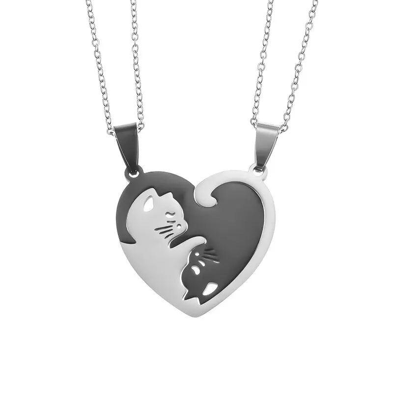 Stainless Steel Heart Shape Hug Pet Cat Pairing Exquisite Couple Necklace Fashion Men Women Jewelry Gift