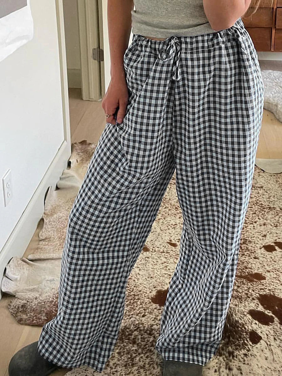 Gaono Comfy Wide Leg Pants Vintage Elastic Waist Plaid Striped Print Pants Women Lounge Trousers Pockets 00s Retro Pajams Bottom