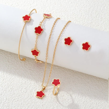 New Trendy 5Pcs/set Luxury Plant Petal Five Leaf Flower Jewelry Set for Women Lucky Clover Necklace Bracelet Sets Party Gifts