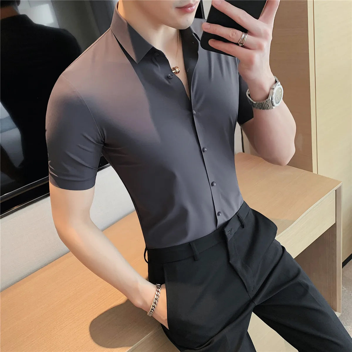 6colors High Quality New Solid High Elasticity Seamless Short Sleeve Shirts Men Slim Social Casual Business Formal Dress Shirt