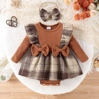 2PCS Autumn New Style 0-1 Year Old Girl Baby Trend Preppy Style Multi-Color Plaid Skirt Long-Sleeved Hat + Headwear