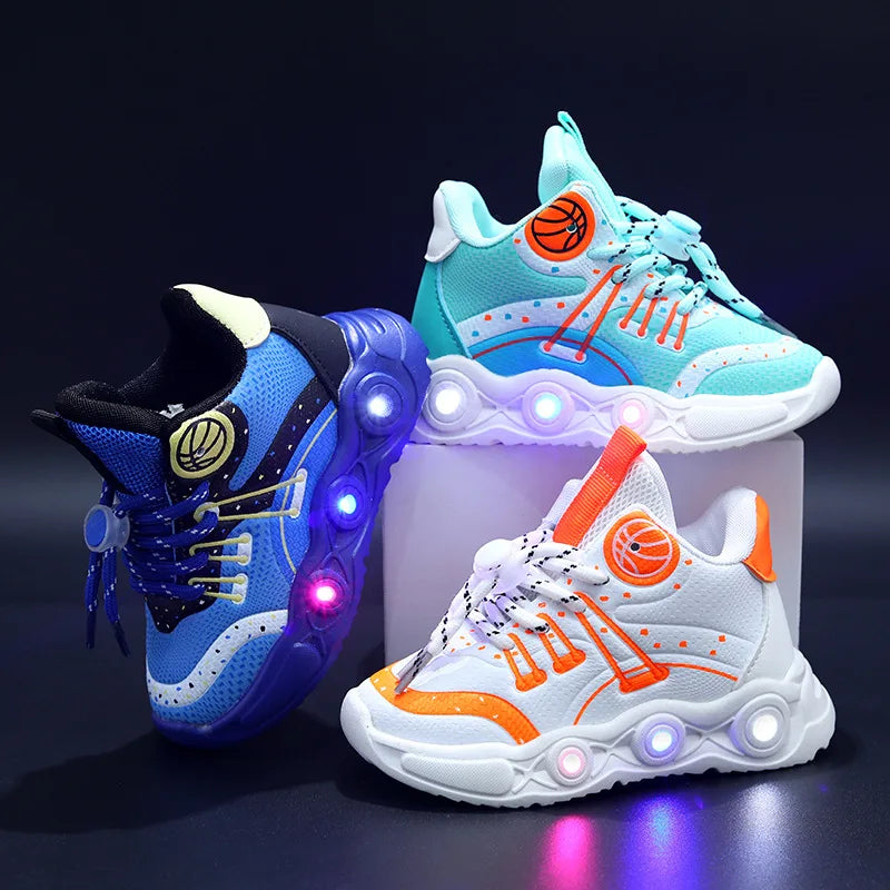 New LED Children's Basketball Shoes for Boys Girls Non-slip Breathable Kids Sneakers Outdoor Fashion Glowing Casual Shoes Tenis