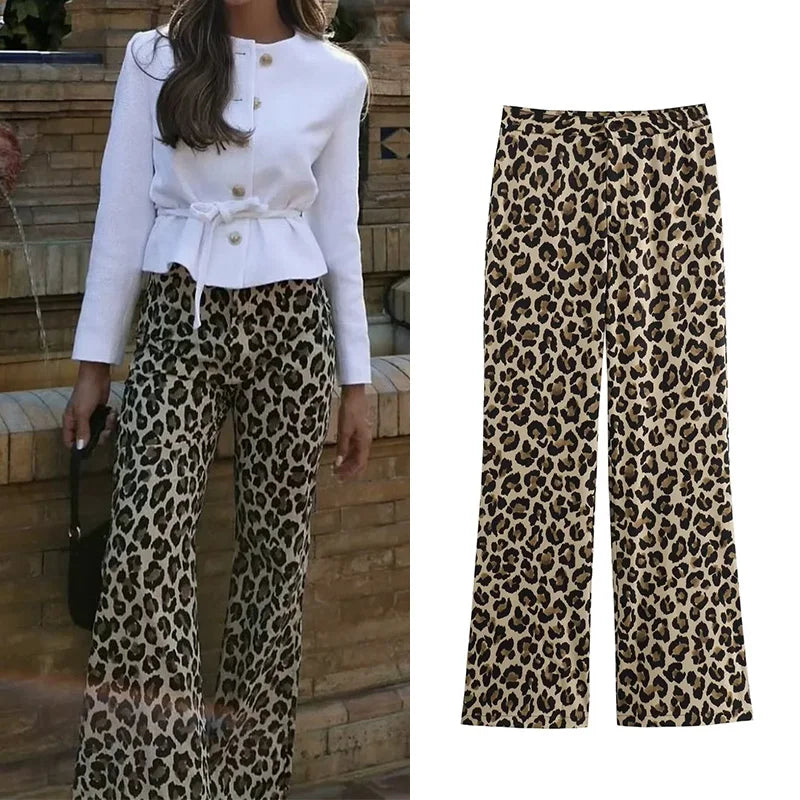 TRAF 2024 Woman Leopard Pants Y2k Animal Print High Waist Pants Women Vintage Casual Baggy Pants Summer Women's Trousers