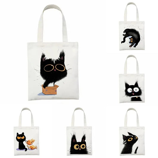 Cute Tote Bag Animals Black Cat Print Canvas Bag Eco Shopping Bag Daily Use Foldable Handbag Large Capacity Canvas Tote Women