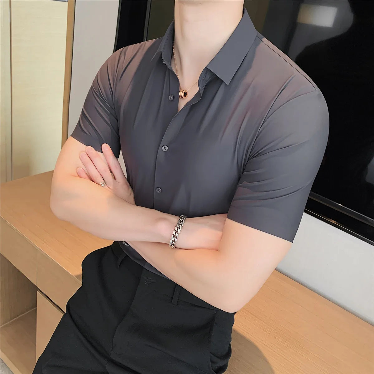 6colors High Quality New Solid High Elasticity Seamless Short Sleeve Shirts Men Slim Social Casual Business Formal Dress Shirt