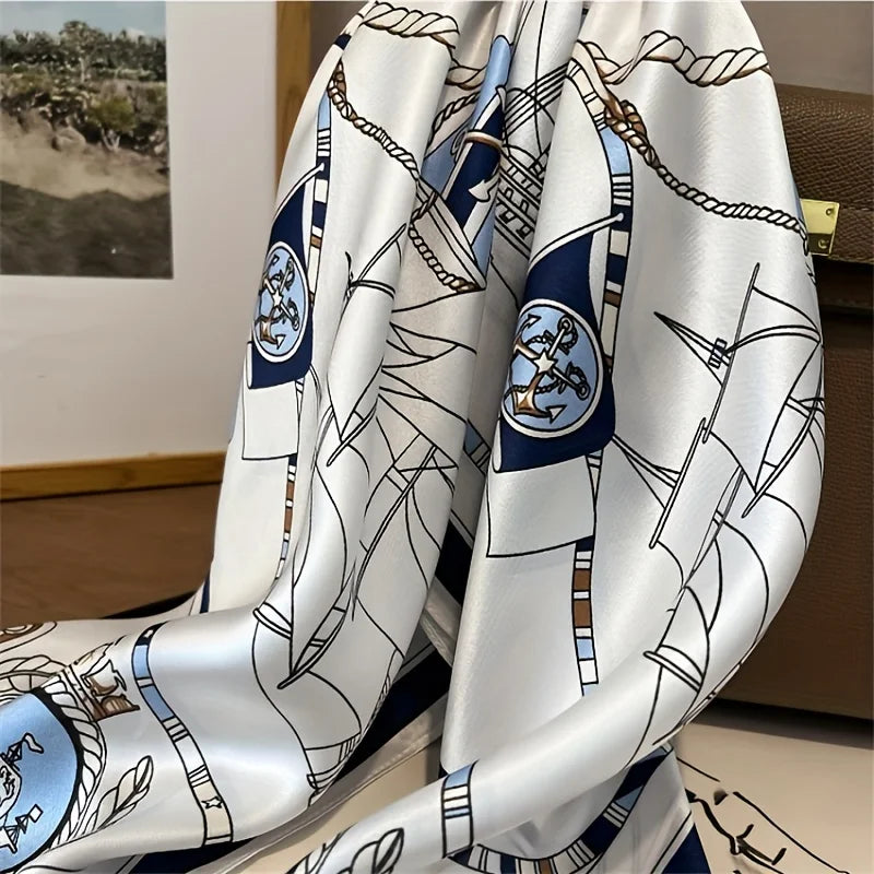 Luxury Large Nautical Print Square Scarf Thin Breathable Silky Neck Scarf Glamorous Style Sunscreen Headscarf