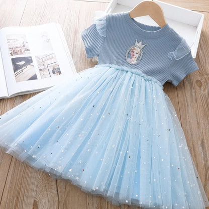 2025 New Summer Kids Clothes Disney Girls Dresses Frozen Elsa Anna Princess Party Costume Vestidos Bow Tie Outfits 2-8Y