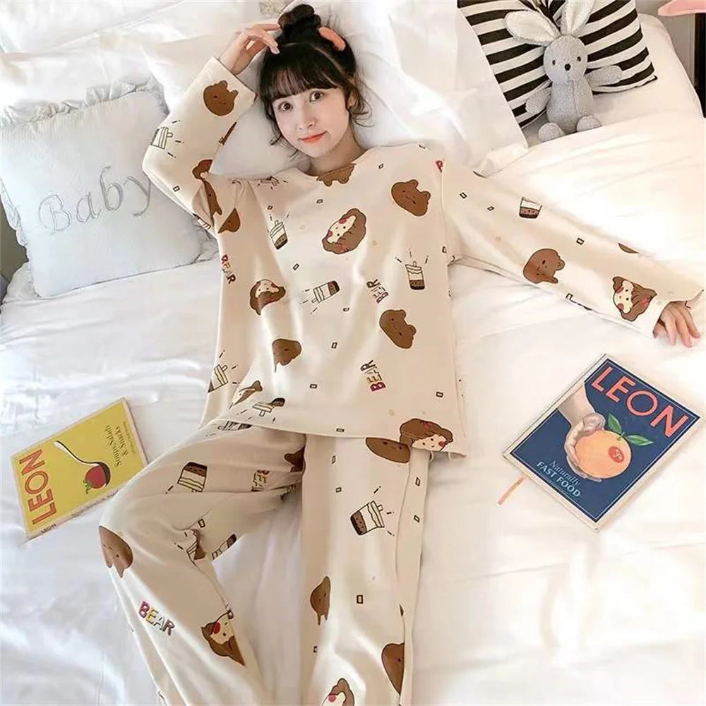 2PCS/Set Women's Clothes Spring and Fall Pajamas Long-Sleeved Cartoon Cute Sweet Floral Young Girl Homewear Outside Loungewear