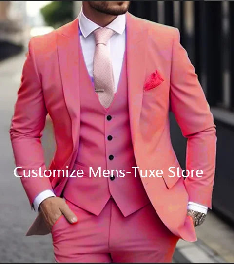 Pink Luxury Men's Suits Terno Formal Outfits 3 Piece Jacket Pants With Vest Slim Fit Luxury Costume Homme Formal Occasion Terno