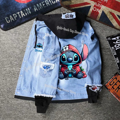 Lilo&stitch Hip Hop Men's Hooded Jean Jackets Women Outerwear Autumn Winter Coat Men Patchwork Denim Jacket Streetwear Clothes