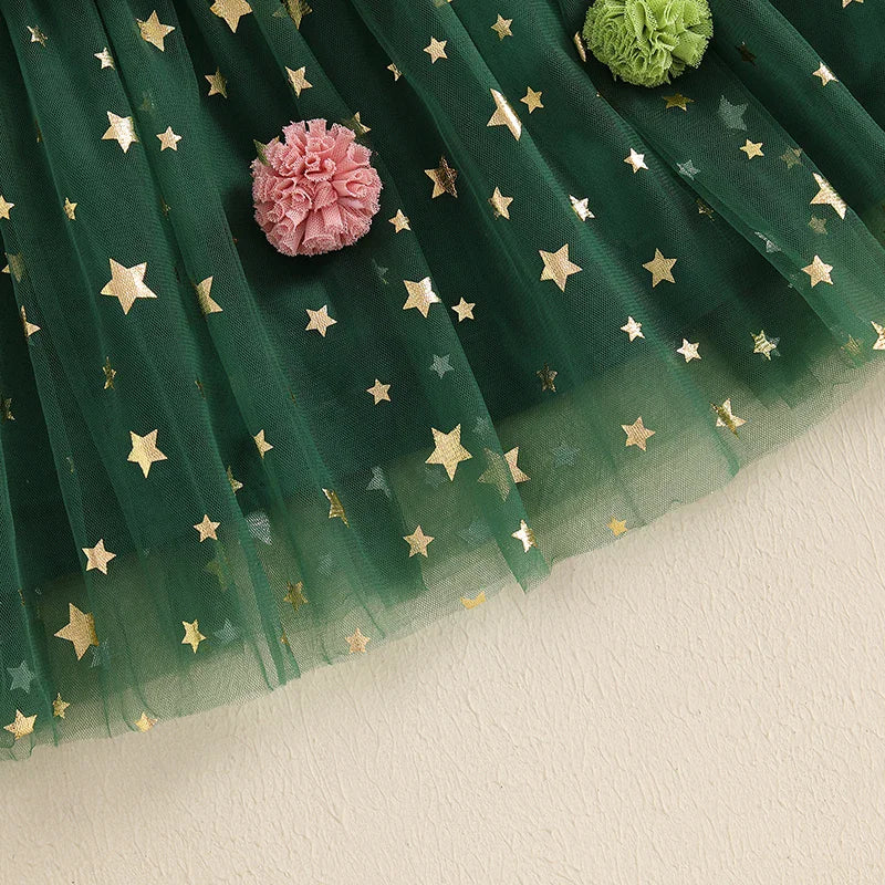 Christmas Costume Kids Girls Green Dress Sleeveless Stars Sequin Layered Tulle Dress Plush Ball Hat Baby Cake Xmas Tree Clothes