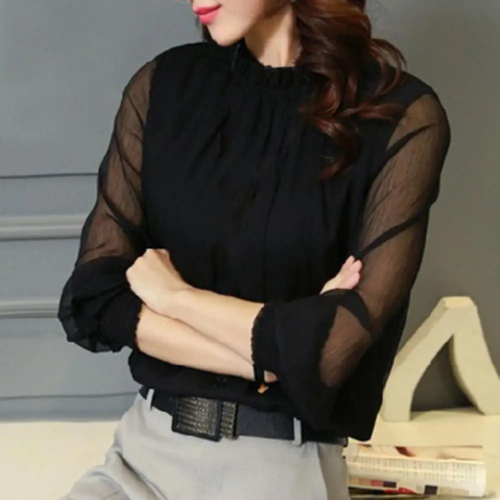 Chiffon Shirt Perspective Net Mesh Sleeve Elastic Cuffs Women Shirt Elegant Ruffle Collar Solid Color