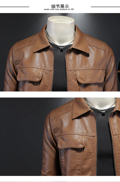 Men's Jacket Spring and Autumn Handsome Solid Color Collar Motorcycle Leather Coat Slim Fashion Leather Jacket M-5XL