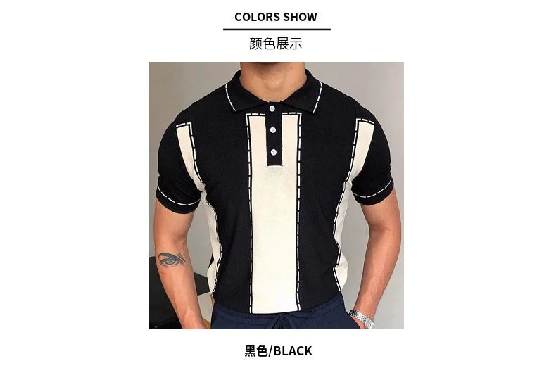 Men's Luxury Knitted Short Sleeve Polo Shirt Casual Patchwork Lapel Button Fashion Solid Color Knitwear Summer Clothing 2025 New