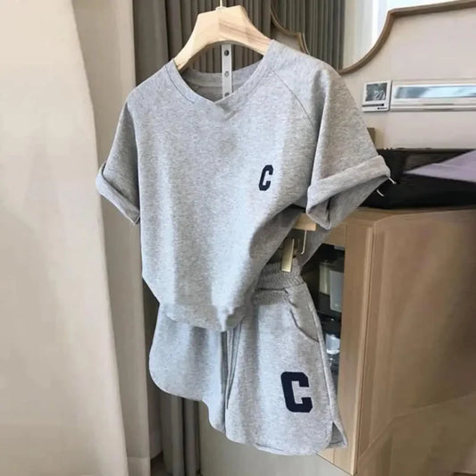 Casual Waffle Fashion Suit Women Summer 2024 Oversize Korean Short Sleeved T-Shirt Shorts Letter Embroidery 2pcs Sets