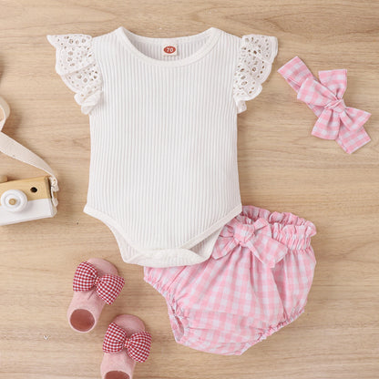 3PCS Summer Baby Girls 0-2 Years Old Soft And Comfortable Simple White Flying Sleeve Clothes + Pink Plaid Shorts Casual Suit