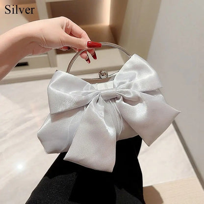 Gold Bright Silk Bowknot Evening Bag Women Elegant Fashion Banquet Clutch Chain Shoulder Bags Luxury Purse Female Party Handbags