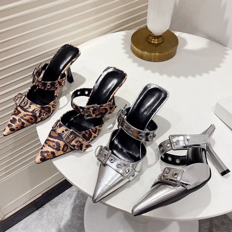 Silvery Female Pumps Luxury Leopard Footwear Ladies High Heels Slides Shoes Sandals Fashion  Thin  Slippers  2024