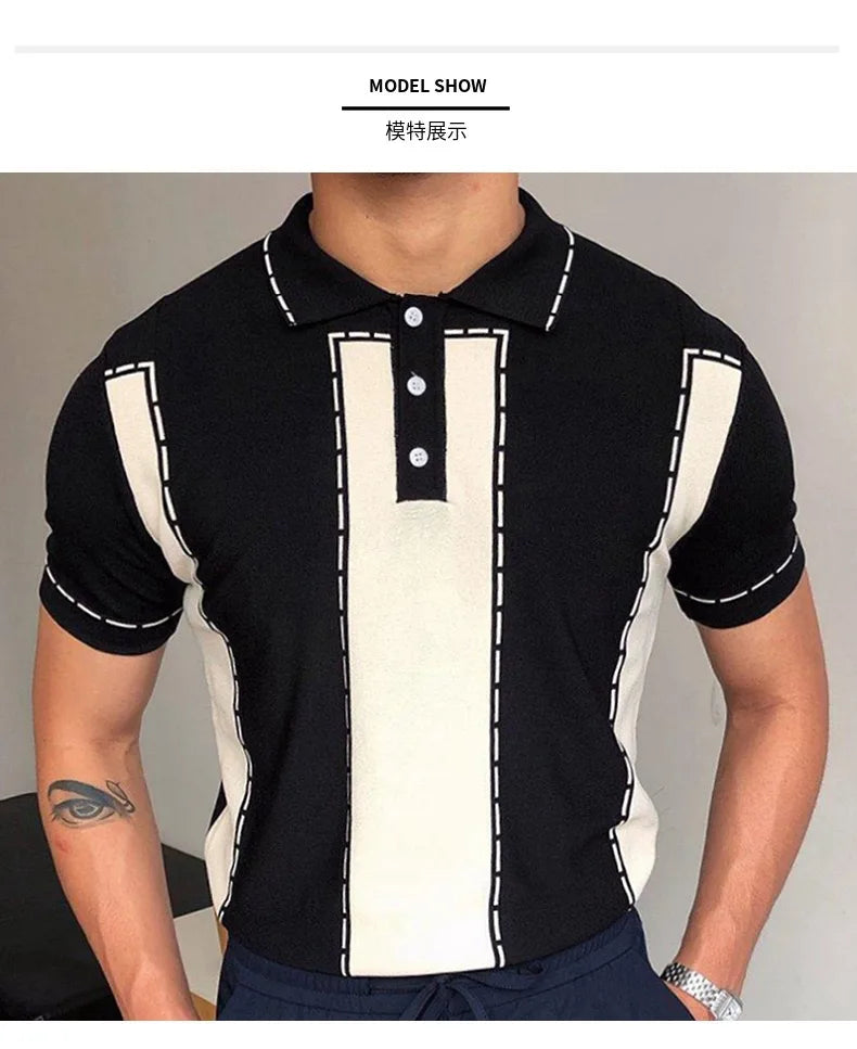 Men's Luxury Knitted Short Sleeve Polo Shirt Casual Patchwork Lapel Button Fashion Solid Color Knitwear Summer Clothing 2025 New