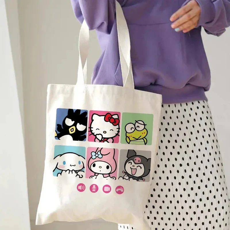 Hello Kitty Canvas Tote Bag Harajuku Y2k 90s Cartoon Girl Handbag Large Capacity Female Shoulder Bags Portable Travel Purse Gift