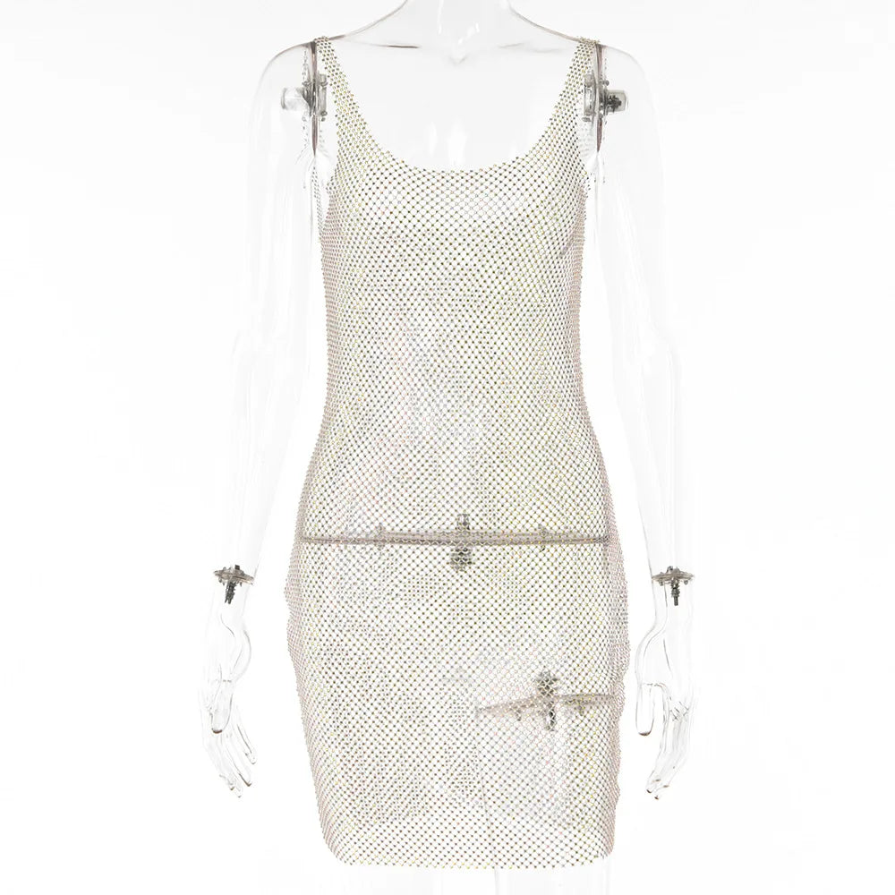 European and American Clothing 2024 Summer New Style Bright Diamond Dress Net Diamond Sexy Suspender Hollow See-through Skirt