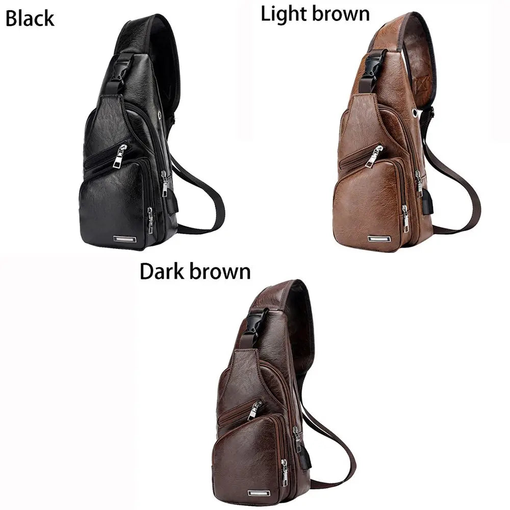 USB data cable charging chest bag casual fashion shoulder bag PU outdoor sports men's bag