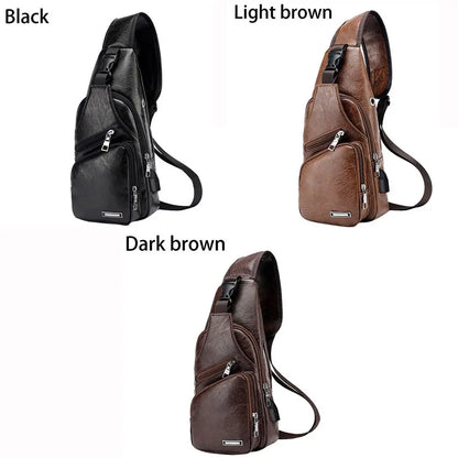 USB data cable charging chest bag casual fashion shoulder bag PU outdoor sports men's bag