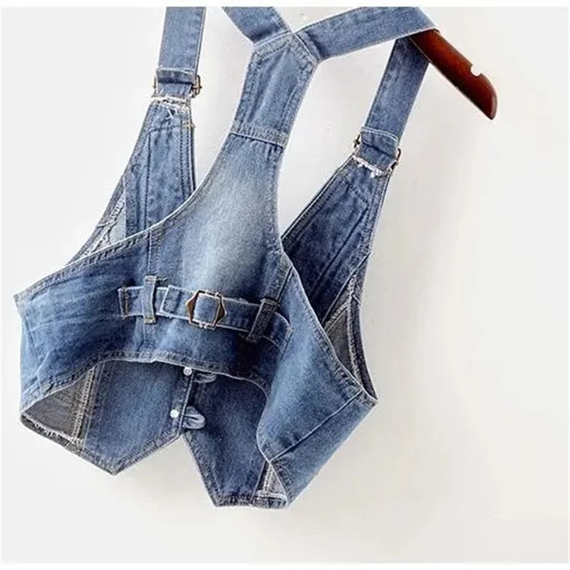 2024 Summer Vintage Sling Denim Vest Women Waistcoat Casual Cowboy Sleeveless Jacket Korean Slim Short Jeans Vests Coat