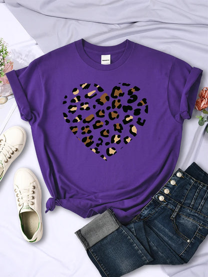 Simple Broken Leopard Heart Women Tshirt Casual Fashion T Shirts Soft Fashion Tee Clothing Harajuku Comfortable Women'S T Shirt