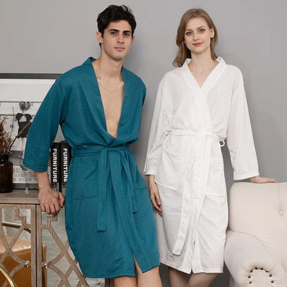 Waffle High-Quality Robe Large Size Long Men and Women Universal Residence Clothing Bathrobe Solid Black Plaid Couple Nightgowns