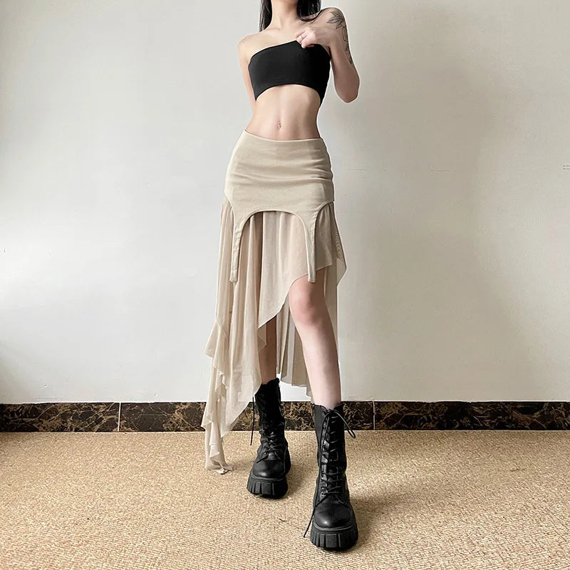 Goth Dark Cyber Y2K Irregular Hem Mid Skirts Harajuku Fashion Streetwear Mesh Patchwork Club Alt Bottoms Punk Skirt for Women