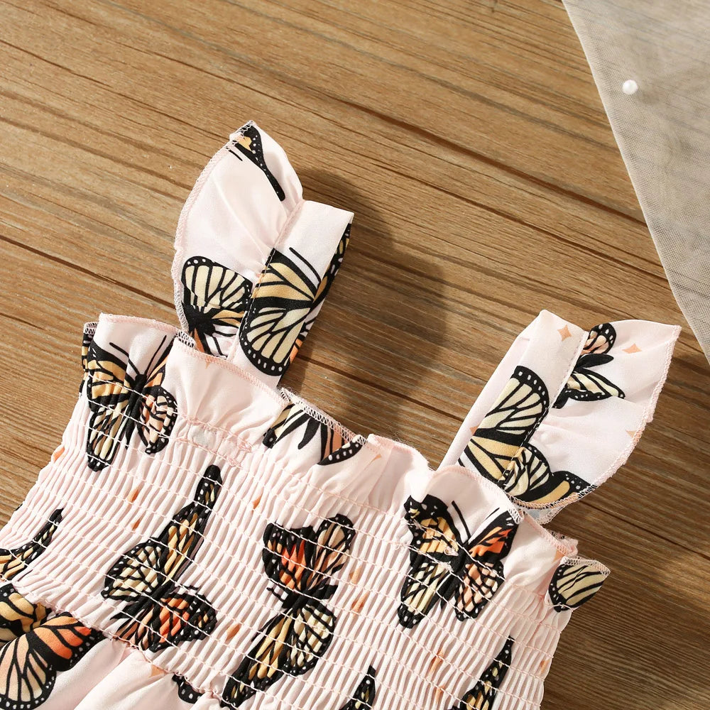 Summer Butterfly Print Small Flying Sleeve Cotton Baby Girl Dress Cute Girl Princess Dress