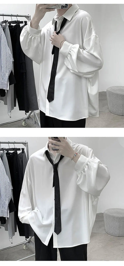 Free Black Tie Long-sleeved Shirts Men Korean Comfortable Blouses Casual Loose Single Breasted Shirt Mens Tshirt Harajuku