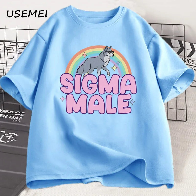 Sigma Male Lone Wolf T Shirt Funny Weird Rainbow Wolf Graphic Tee Men Women Casual Trendy Loose T-shirt Men's Clothing