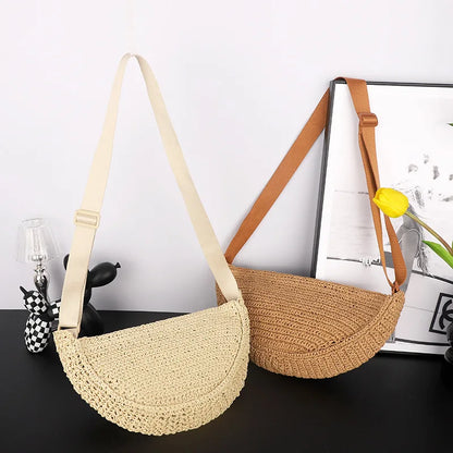 Simple Paper Rope Women's Shoulder Bags Summer Fashion Straw Semicircle Crossbody Bag Casual Beach Woven Handbags Underarm Bag