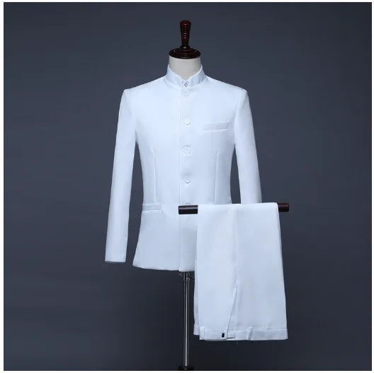 New Men Pure Colour Business Formal Wedding Banquet Suit 2 Piece Red / White Male Chinese Style Standing Collar Blazer Trousers