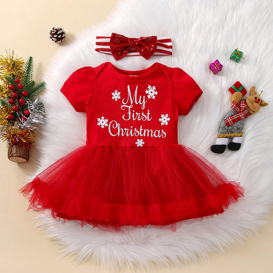 2Pcs Baby Christmas Outfit Snowflake Mesh Splicing Short Sleeve Romper Sequin Bow Headband Babby Xmas Bodysuits Clothing