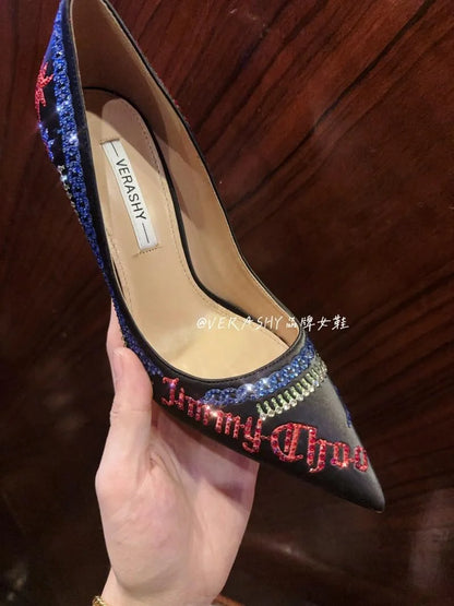 Spring and autumn new pointed shallow rhinestone embroidered single shoes thin high-heeled banquet dress small size women's shoe