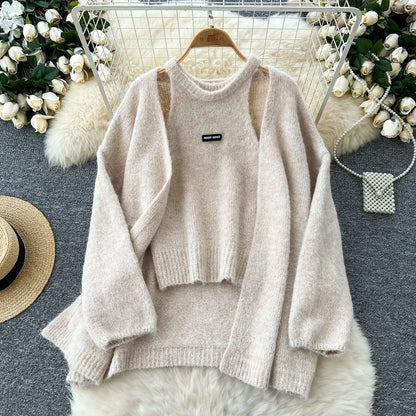 SINGREINY Fashion Solid Cashmere Sweater Long Sleeves Loose Warm Cardigan+Sleeveless Knitting Tank Top Winter Gentle Casual Tops